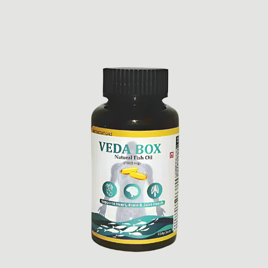 Veda Box natural fish oil bottle on a white background